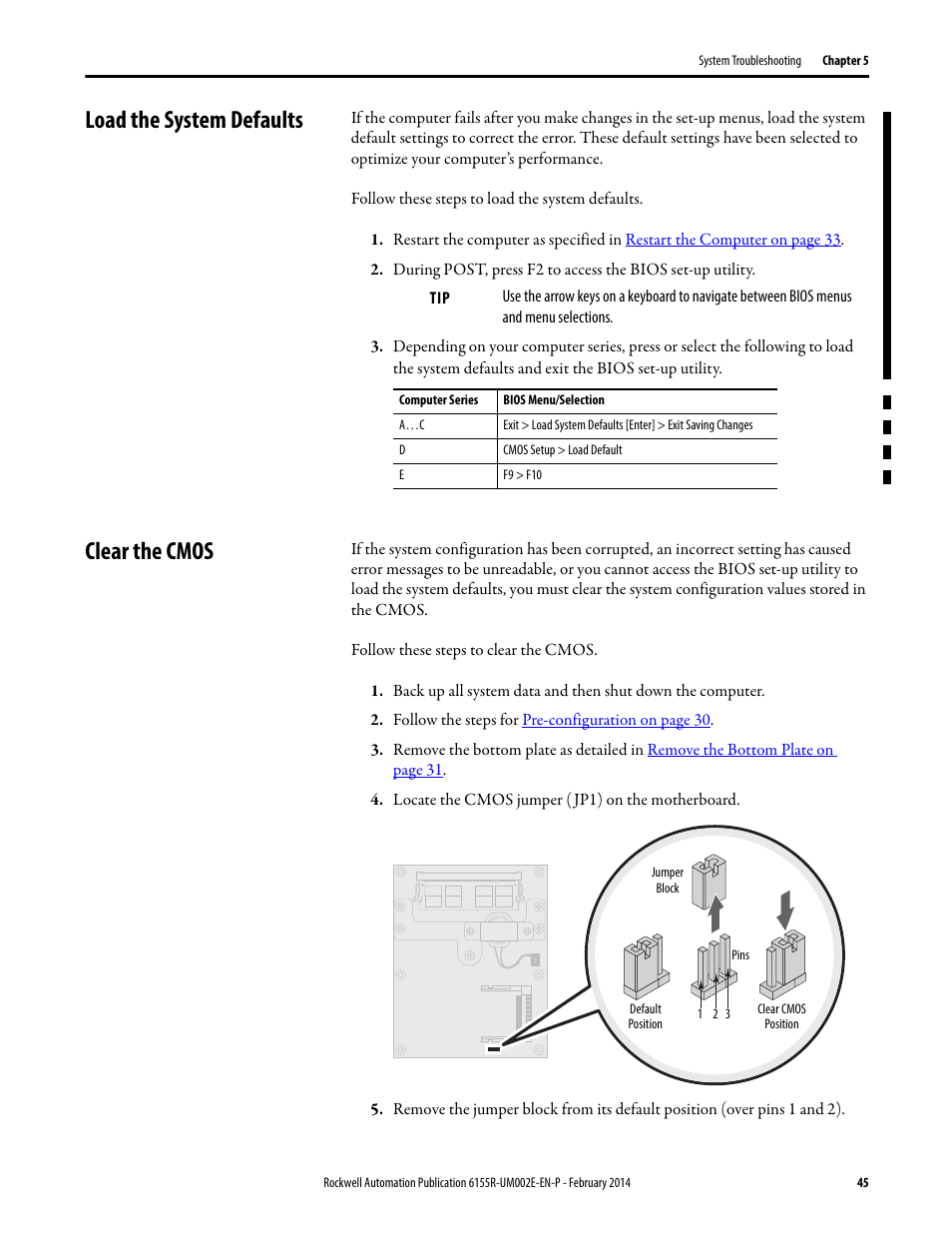 Load the system defaults, Clear the cmos, Load the system defaults clear the cmos | Clear the | Rockwell Automation 6155F-NPWEDC Compact Non-display Computer User Manual | Page 45 / 56