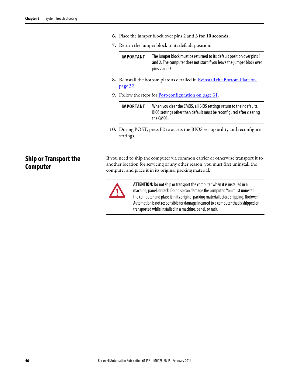 Ship or transport the computer | Rockwell Automation 6155F-NPWEDC Compact Non-display Computer User Manual | Page 46 / 56