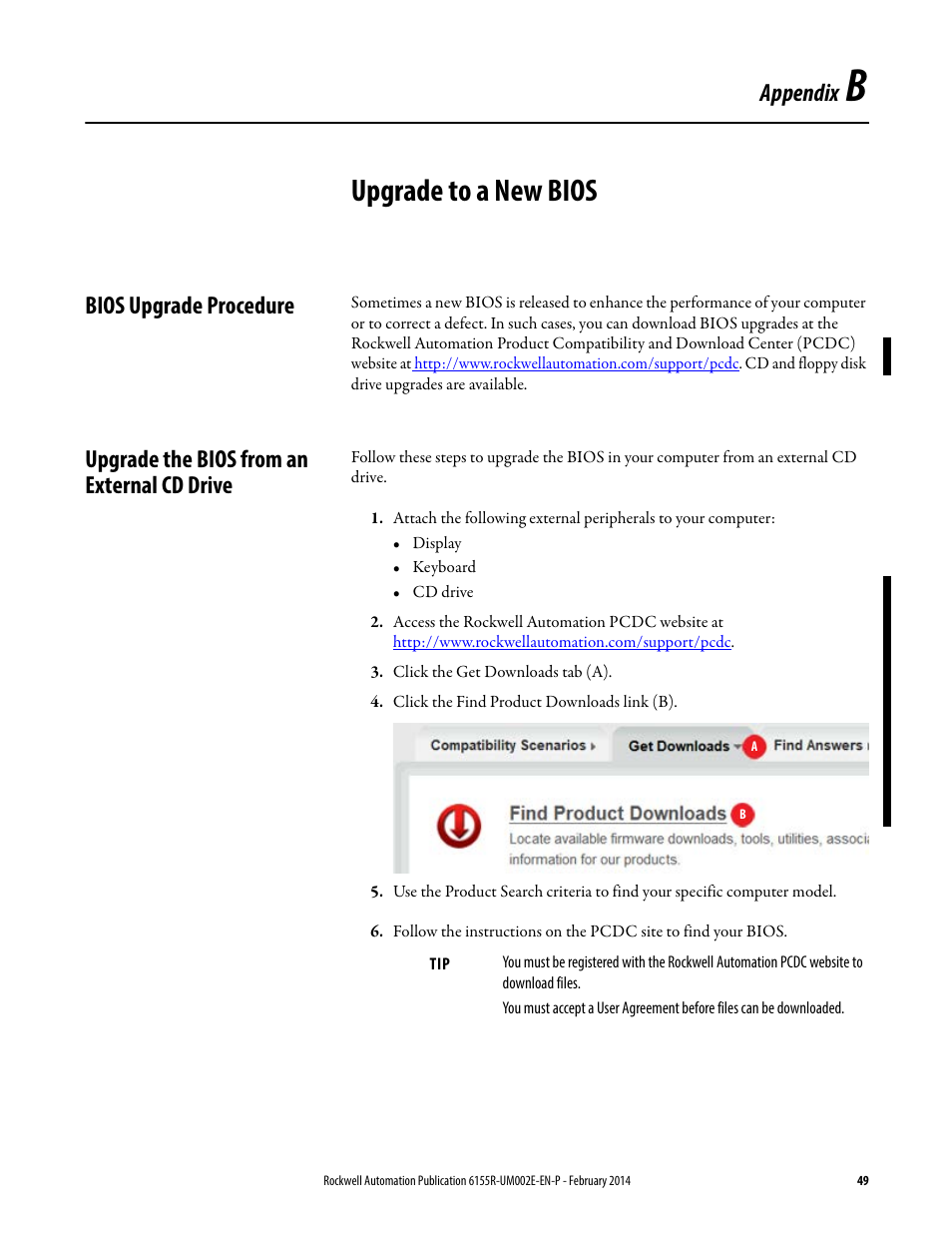 B - upgrade to a new bios, Bios upgrade procedure, Upgrade the bios from an external cd drive | Appendix b, Upgrade to a new bios, Appendix | Rockwell Automation 6155F-NPWEDC Compact Non-display Computer User Manual | Page 49 / 56