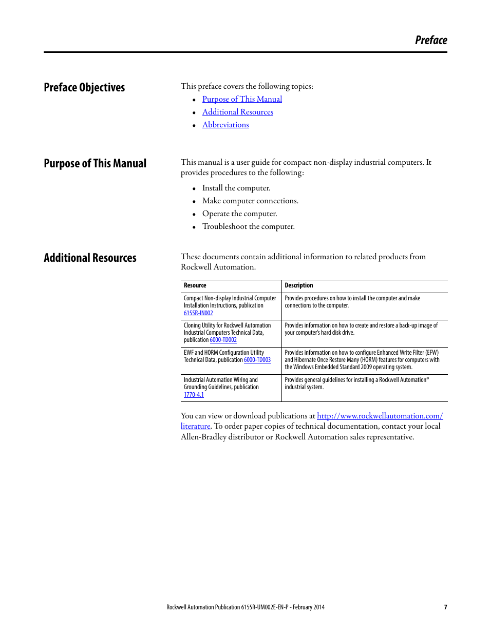 Preface, Preface objectives, Purpose of this manual | Additional resources, Preface preface objectives | Rockwell Automation 6155F-NPWEDC Compact Non-display Computer User Manual | Page 7 / 56