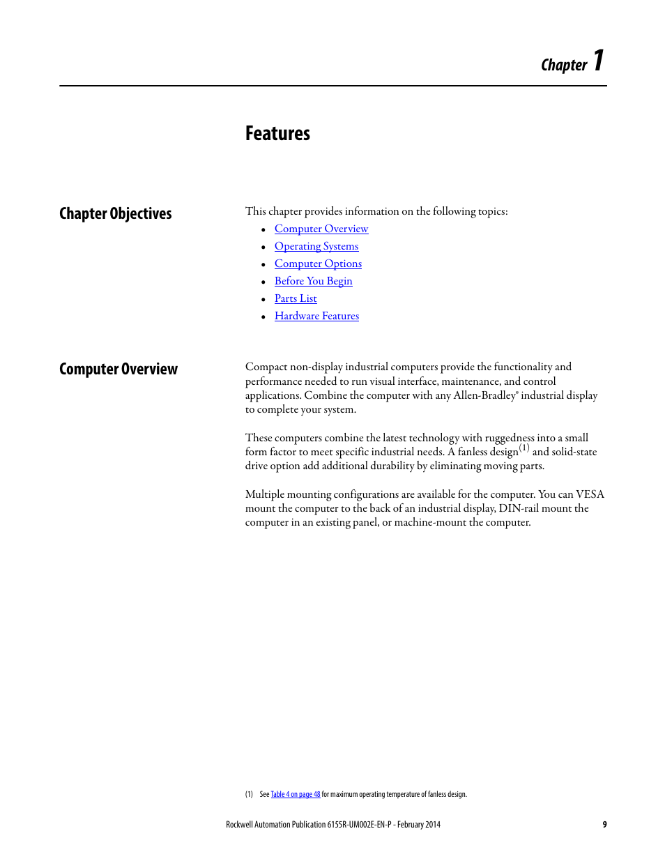 1 - features, Chapter objectives, Computer overview | Chapter 1, Features, Chapter objectives computer overview, Chapter | Rockwell Automation 6155F-NPWEDC Compact Non-display Computer User Manual | Page 9 / 56