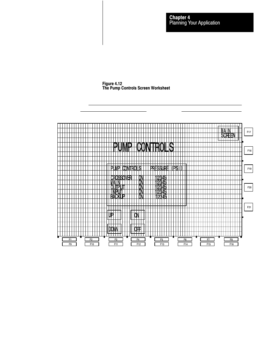 Planning your application chapter 4, Figure 4.12 the pump controls screen worksheet, Screen worksheet for keypad terminal | Rockwell Automation 2711 PANELBUILDER SOFTWARE USER MANUAL User Manual | Page 106 / 468
