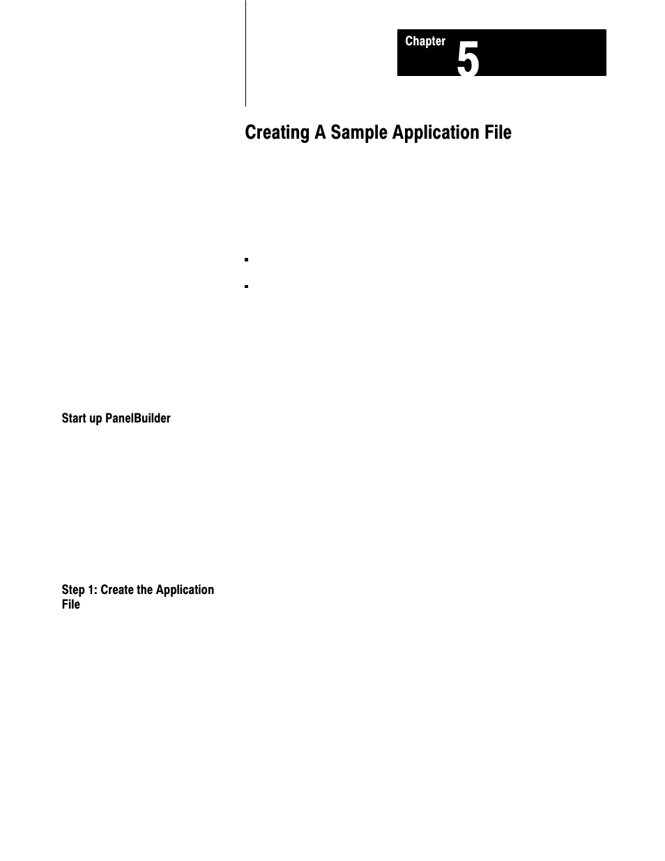 5 - creating a sample application file, Start up panelbuilder, Step 1: create the application file | Creating a sample application file | Rockwell Automation 2711 PANELBUILDER SOFTWARE USER MANUAL User Manual | Page 115 / 468