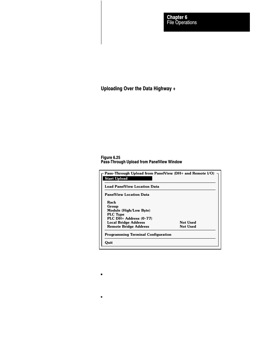 6ć27, File operations chapter 6, Uploading over the data highway | Rockwell Automation 2711 PANELBUILDER SOFTWARE USER MANUAL User Manual | Page 201 / 468