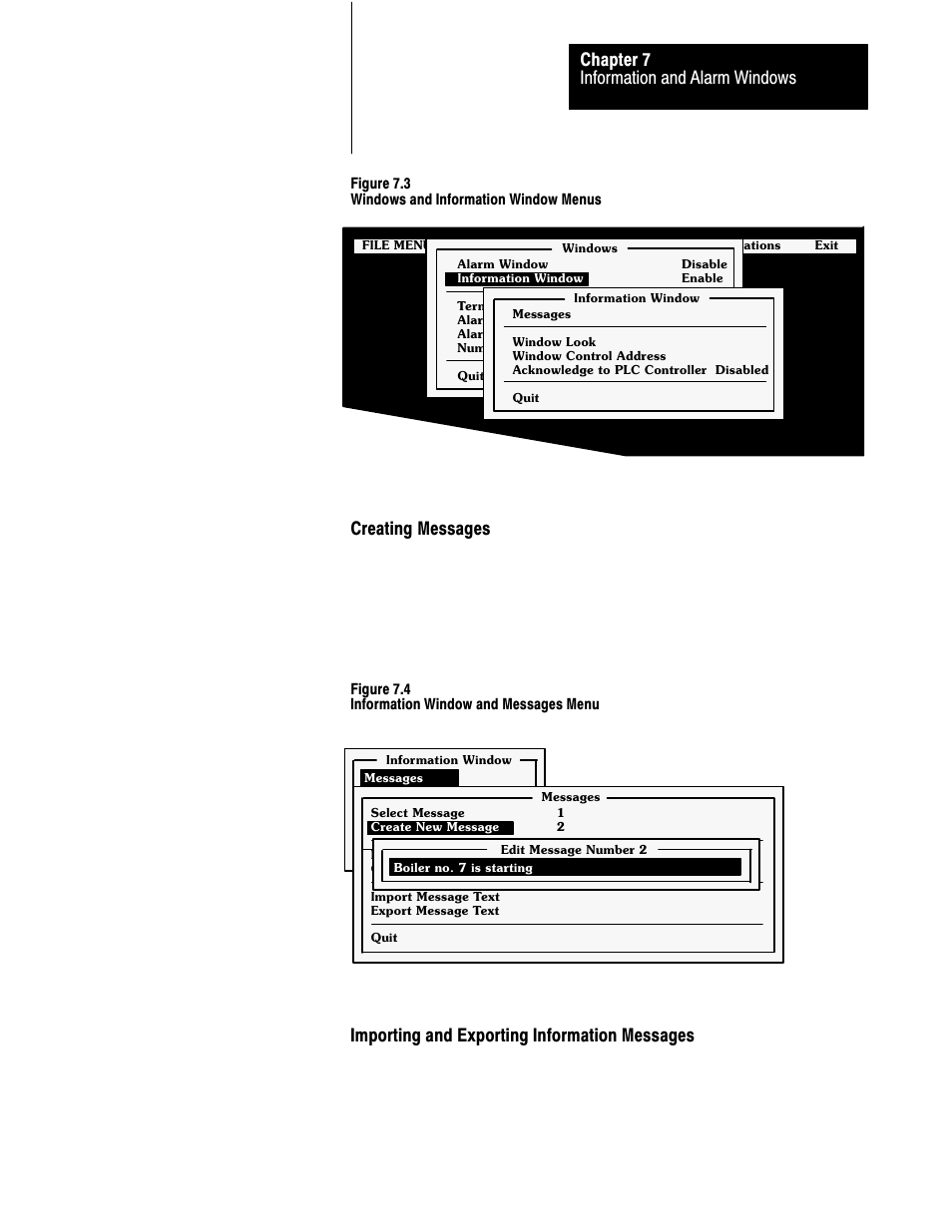 Information and alarm windows chapter 7, Creating messages, Importing and exporting information messages | Rockwell Automation 2711 PANELBUILDER SOFTWARE USER MANUAL User Manual | Page 211 / 468