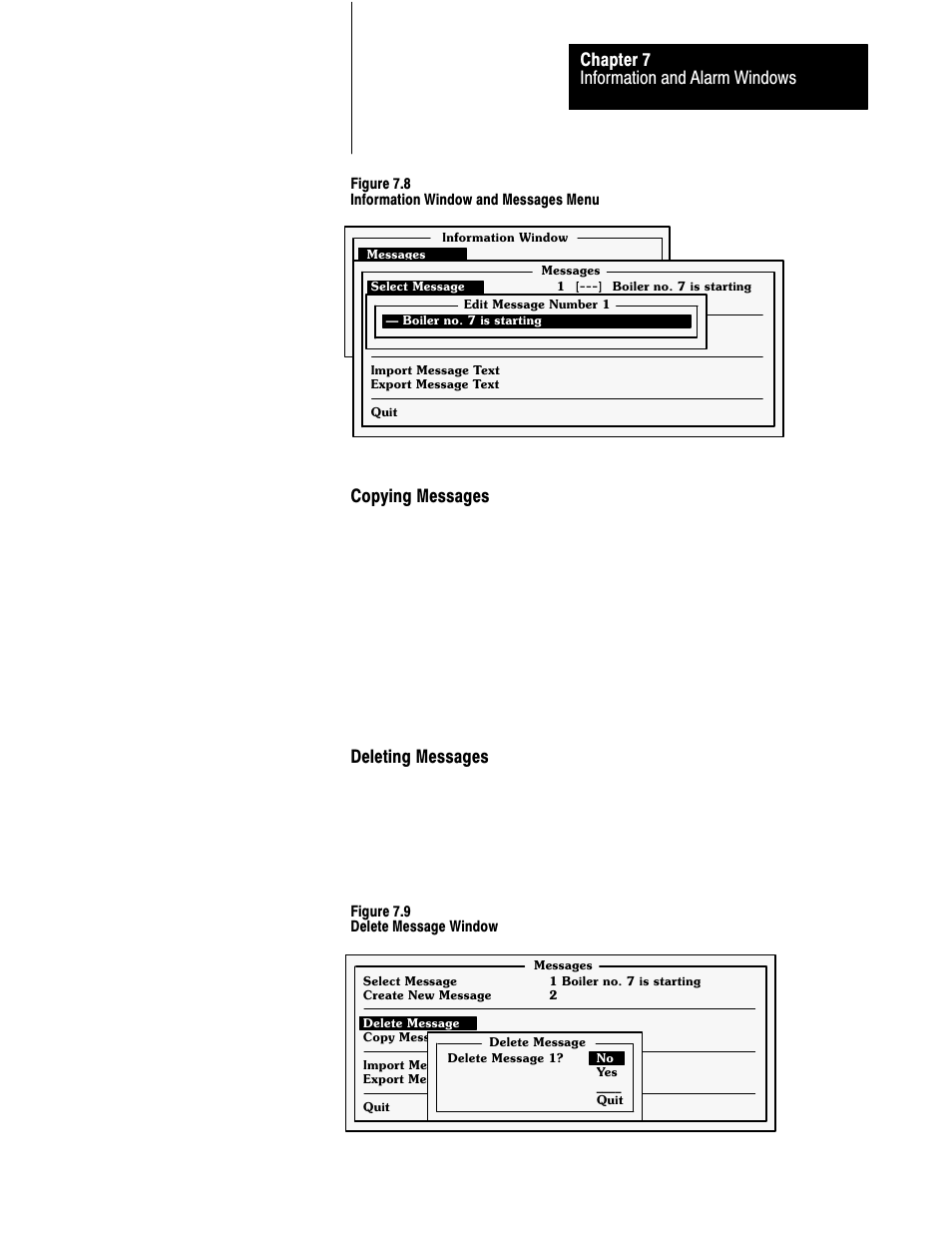 Information and alarm windows chapter 7, Copying messages, Deleting messages | Rockwell Automation 2711 PANELBUILDER SOFTWARE USER MANUAL User Manual | Page 215 / 468