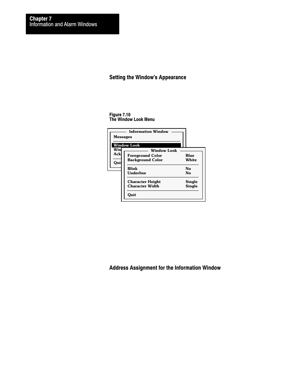 Information and alarm windows chapter 7, Setting the window's appearance, Address assignment for the information window | Rockwell Automation 2711 PANELBUILDER SOFTWARE USER MANUAL User Manual | Page 216 / 468