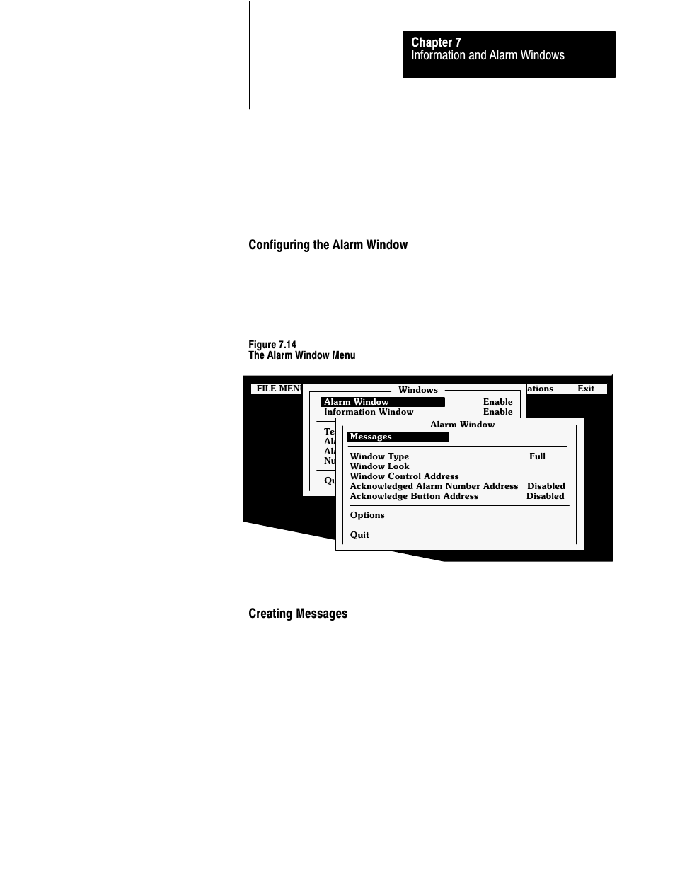 7ć15, Information and alarm windows chapter 7, Configuring the alarm window | Creating messages | Rockwell Automation 2711 PANELBUILDER SOFTWARE USER MANUAL User Manual | Page 223 / 468