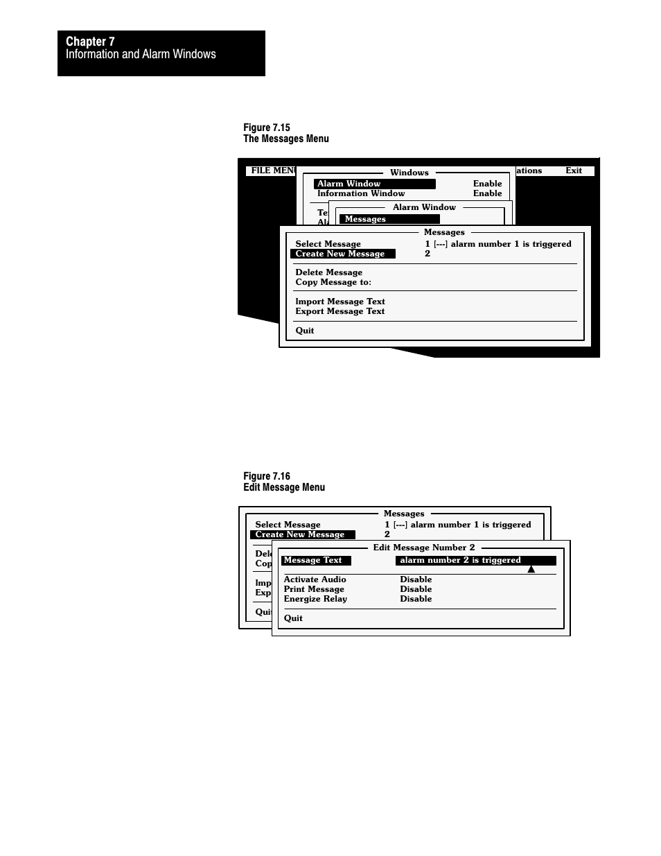 Information and alarm windows chapter 7 | Rockwell Automation 2711 PANELBUILDER SOFTWARE USER MANUAL User Manual | Page 224 / 468