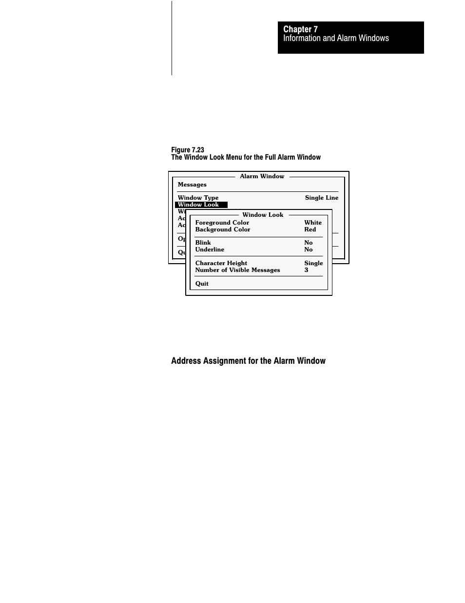 7ć23, Information and alarm windows chapter 7, Address assignment for the alarm window | Rockwell Automation 2711 PANELBUILDER SOFTWARE USER MANUAL User Manual | Page 231 / 468