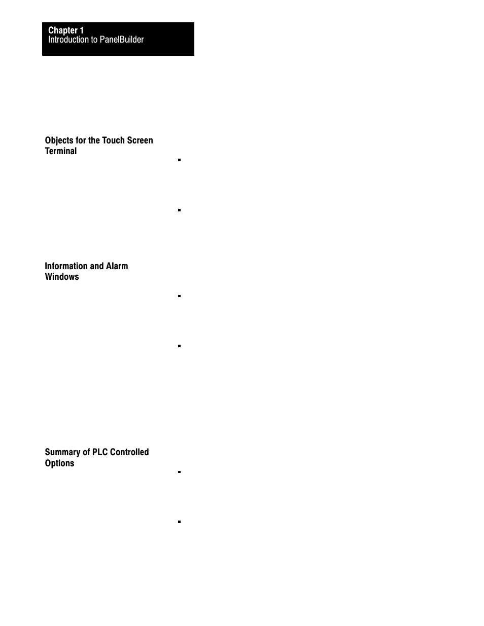 Objects for the touch screen terminal, Information and alarm windows, Summary of plc controlled options | 1ć10 | Rockwell Automation 2711 PANELBUILDER SOFTWARE USER MANUAL User Manual | Page 24 / 468