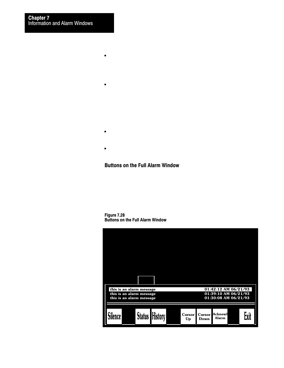 7ć32, Information and alarm windows chapter 7, Buttons on the full alarm window | Rockwell Automation 2711 PANELBUILDER SOFTWARE USER MANUAL User Manual | Page 240 / 468