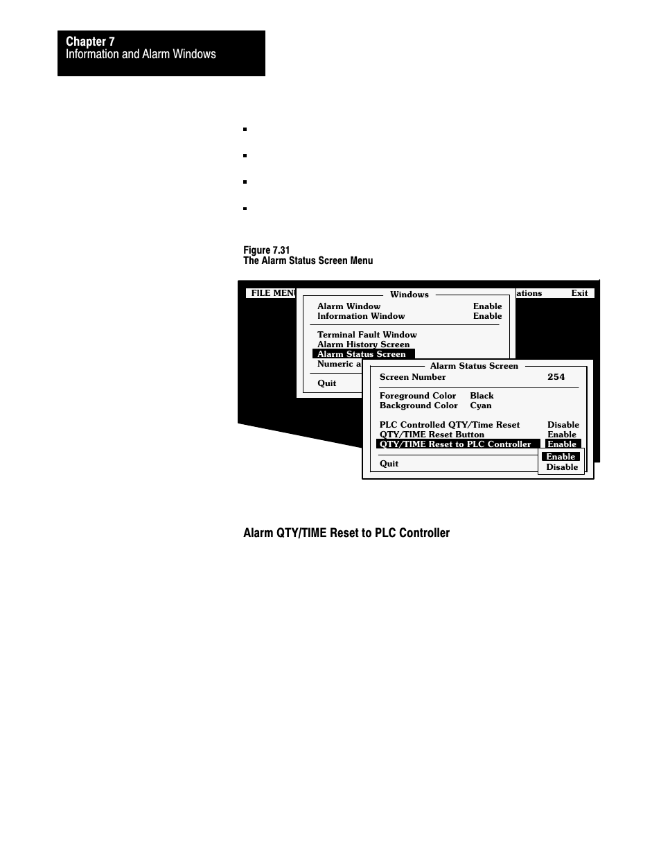 7ć38, Information and alarm windows chapter 7, Alarm qty/time reset to plc controller | Rockwell Automation 2711 PANELBUILDER SOFTWARE USER MANUAL User Manual | Page 246 / 468