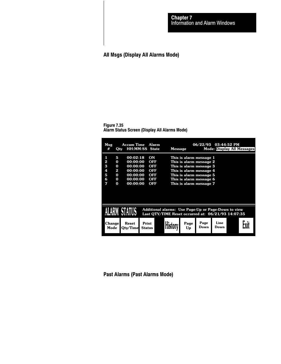 7ć43, Information and alarm windows chapter 7, All msgs (display all alarms mode) | Past alarms (past alarms mode) | Rockwell Automation 2711 PANELBUILDER SOFTWARE USER MANUAL User Manual | Page 251 / 468