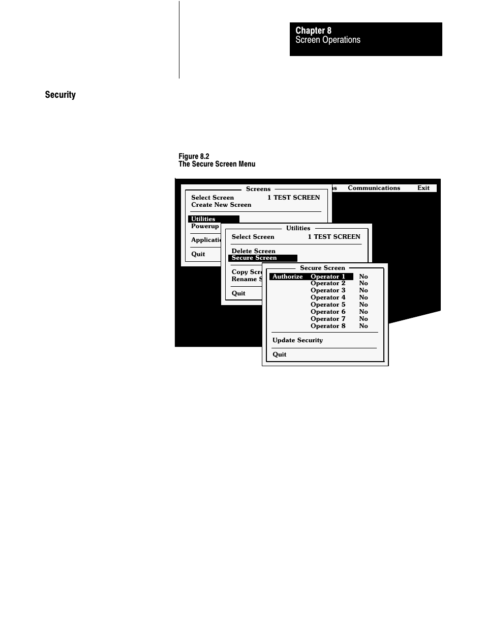 Security, Screen operations chapter 8 | Rockwell Automation 2711 PANELBUILDER SOFTWARE USER MANUAL User Manual | Page 255 / 468