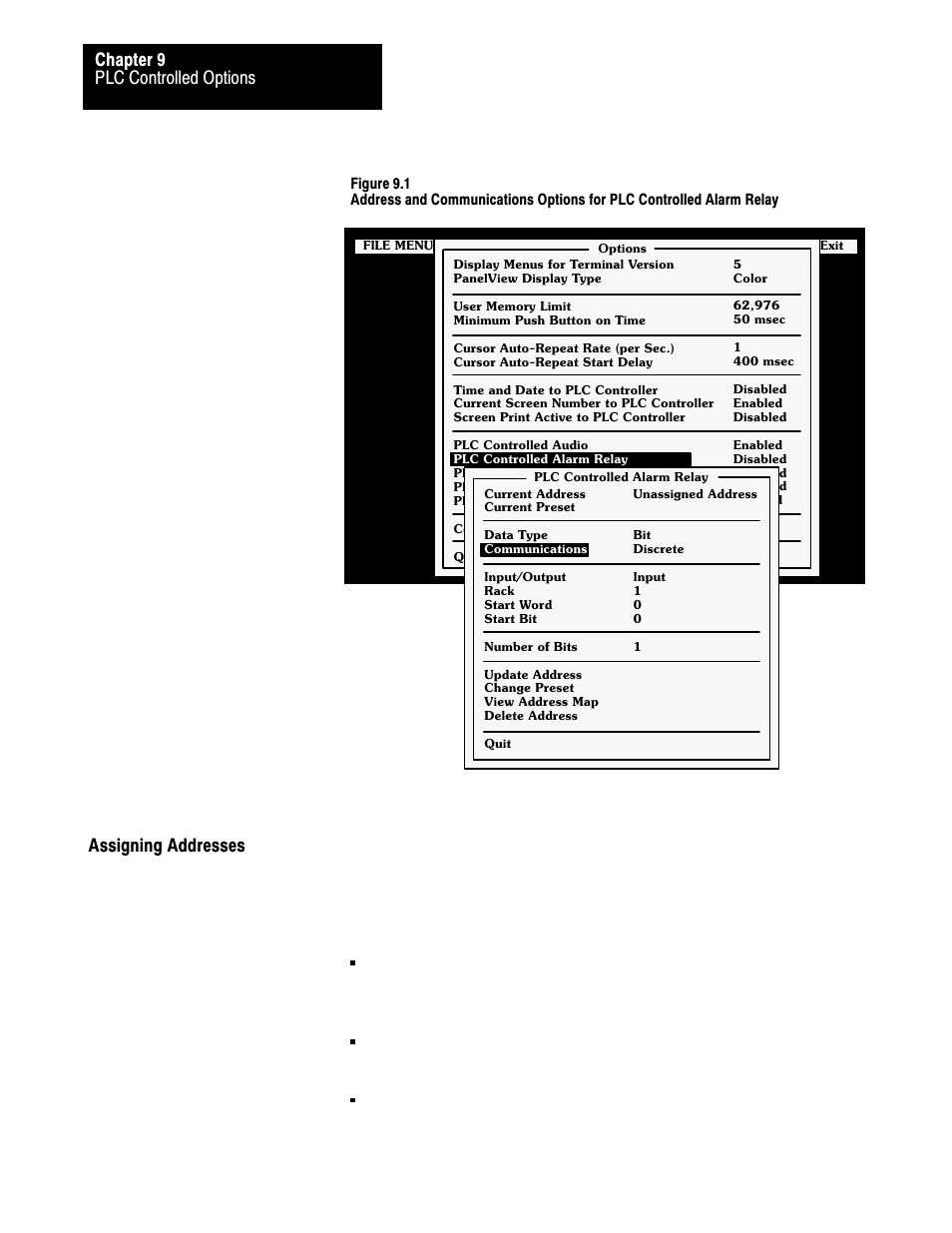 Assigning addresses, Plc controlled options chapter 9 | Rockwell Automation 2711 PANELBUILDER SOFTWARE USER MANUAL User Manual | Page 259 / 468