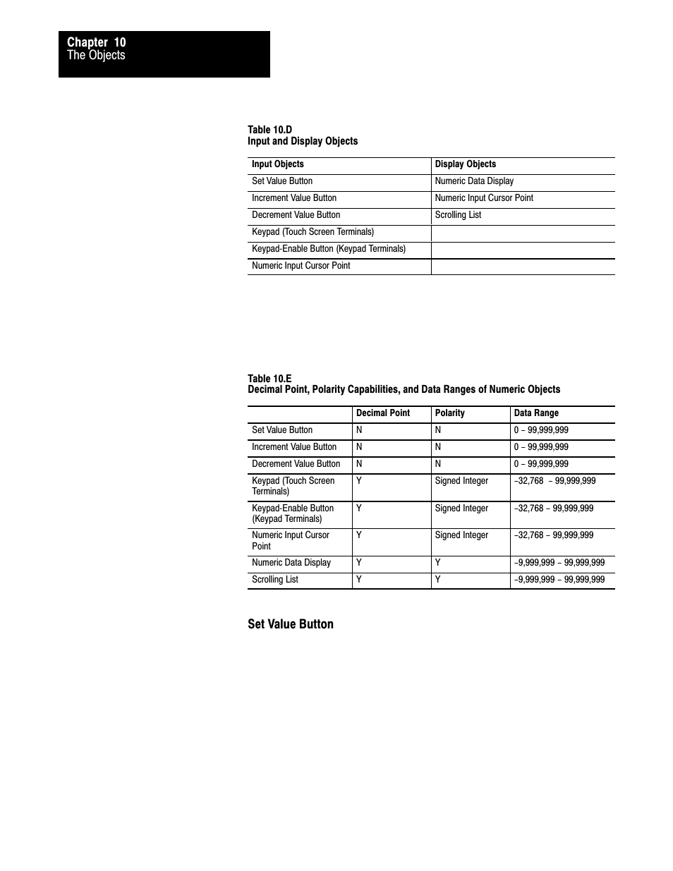 10ć26, The objects chapter 10, Set value button | Rockwell Automation 2711 PANELBUILDER SOFTWARE USER MANUAL User Manual | Page 291 / 468