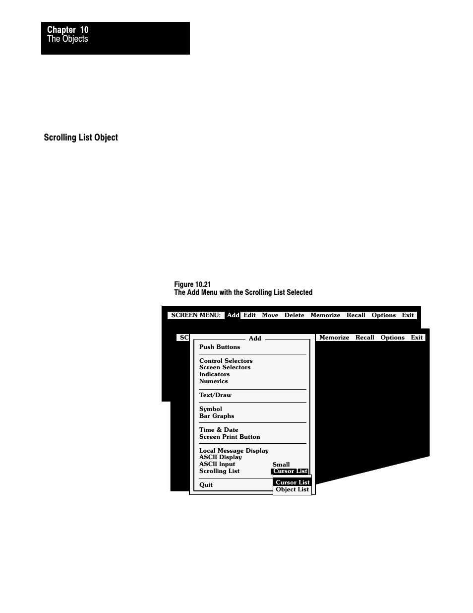 Scrolling list object, 10ć78, The objects chapter 10 | Rockwell Automation 2711 PANELBUILDER SOFTWARE USER MANUAL User Manual | Page 343 / 468