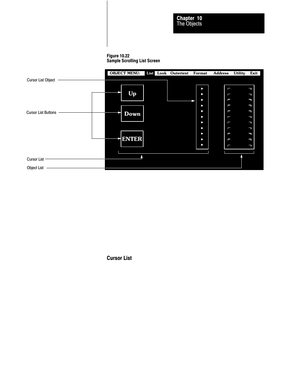 10ć79, The objects chapter 10, Down up | Enter, Cursor list | Rockwell Automation 2711 PANELBUILDER SOFTWARE USER MANUAL User Manual | Page 344 / 468