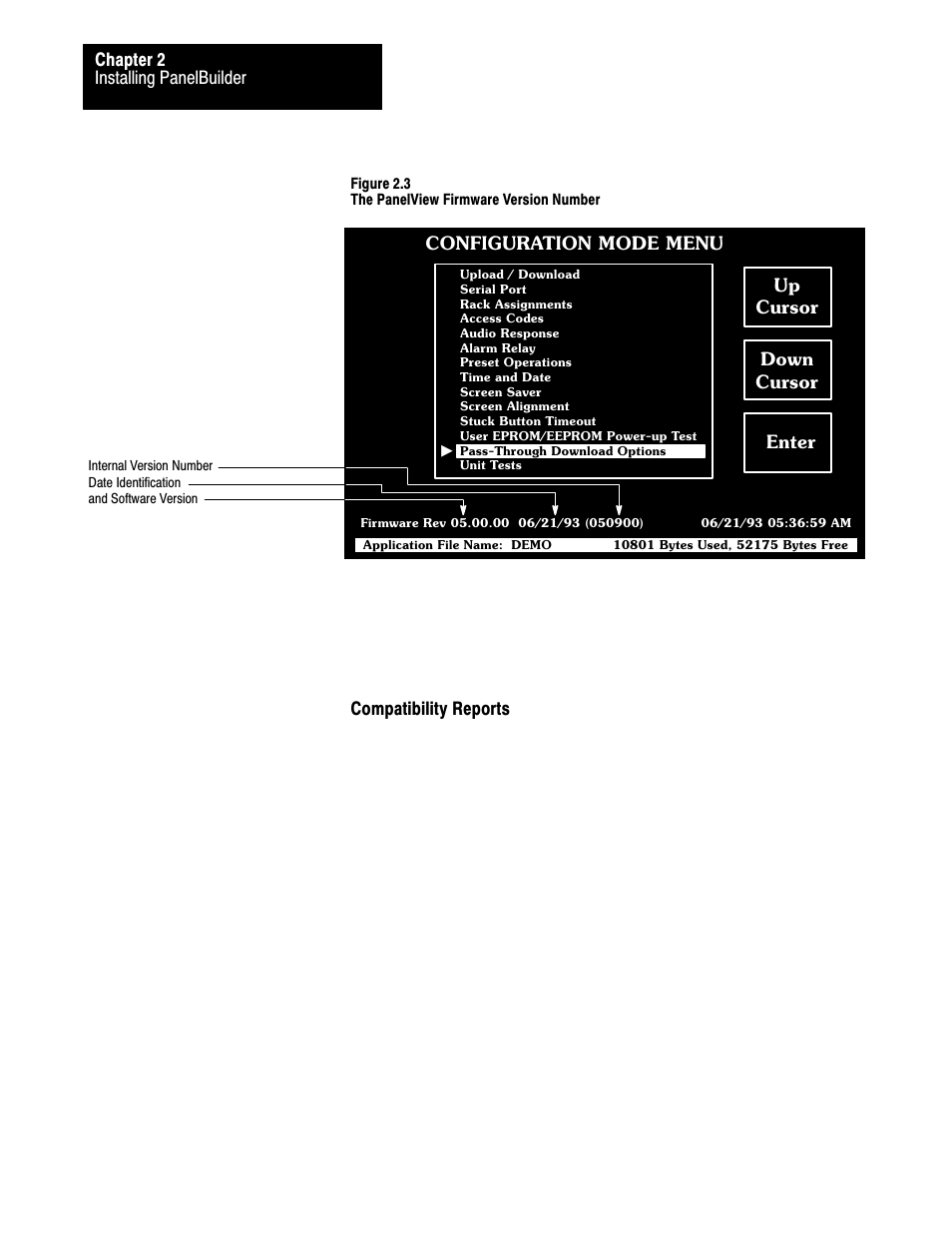 Installing panelbuilder chapter 2, Up cursor, Configuration mode menu | Down cursor enter, Compatibility reports | Rockwell Automation 2711 PANELBUILDER SOFTWARE USER MANUAL User Manual | Page 36 / 468