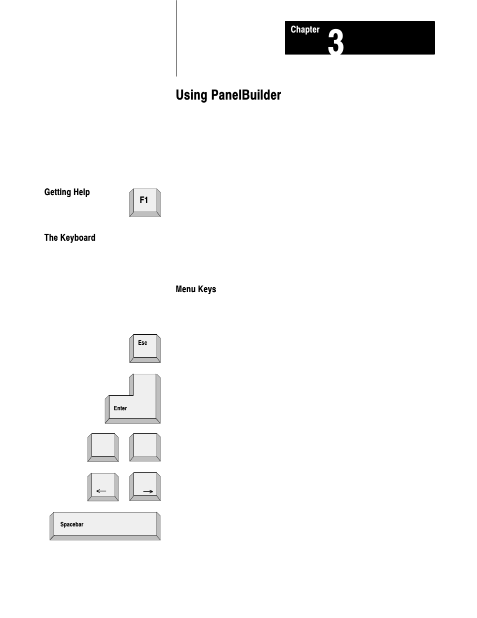 3 - using panelbuilder, Getting help, The keyboard | Using panelbuilder | Rockwell Automation 2711 PANELBUILDER SOFTWARE USER MANUAL User Manual | Page 37 / 468