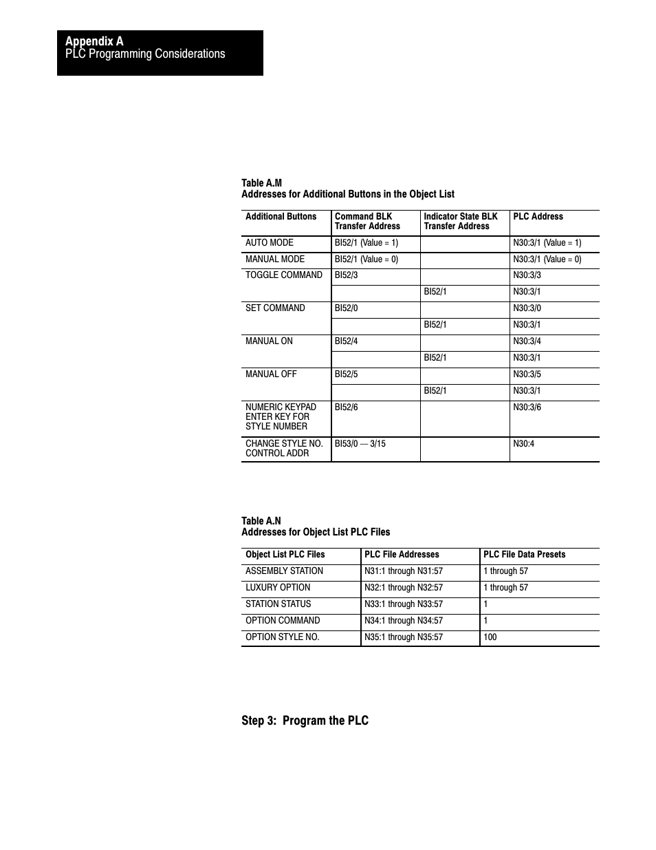 Ać30, Plc programming considerations appendix a, Step 3: program the plc | Rockwell Automation 2711 PANELBUILDER SOFTWARE USER MANUAL User Manual | Page 394 / 468