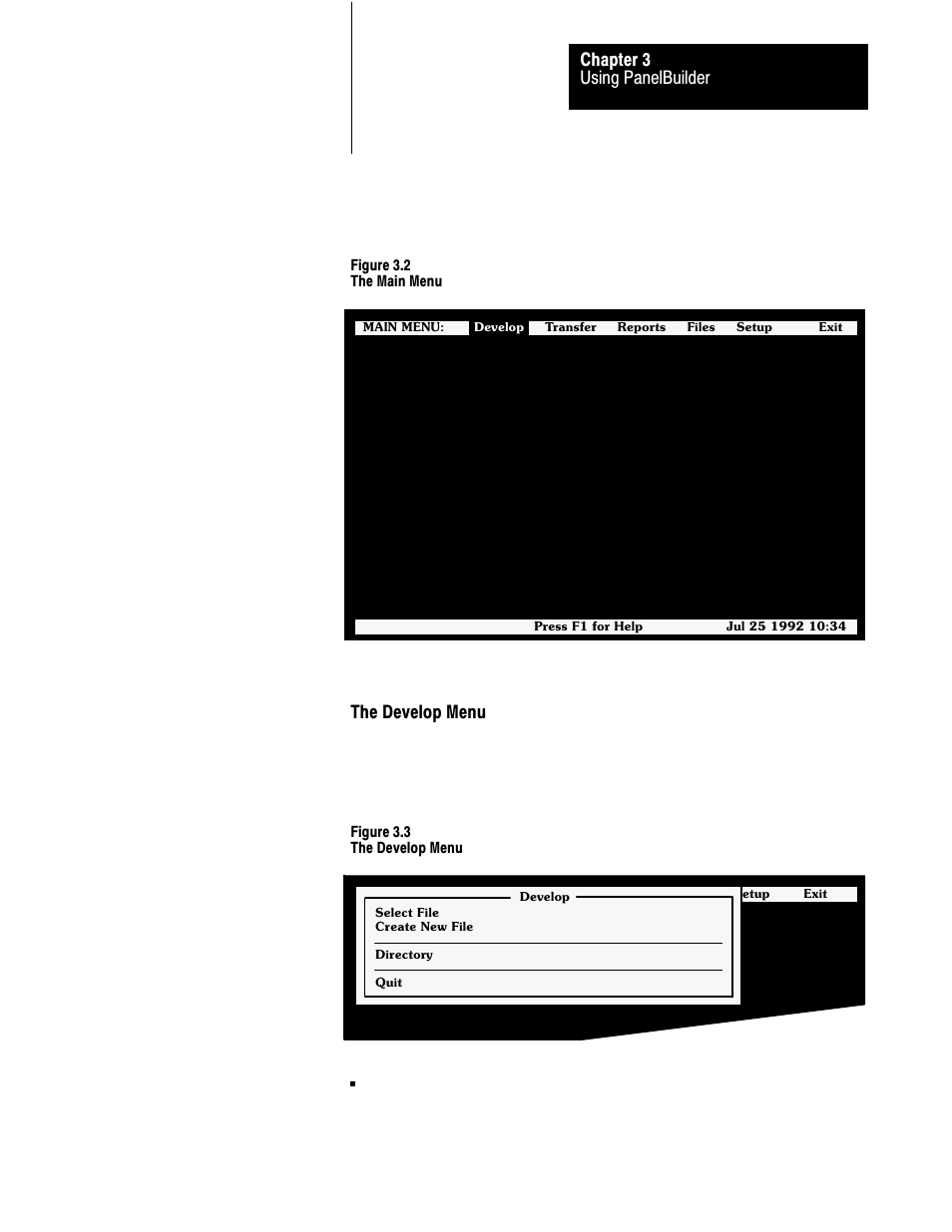 Using panelbuilder chapter 3, The develop menu | Rockwell Automation 2711 PANELBUILDER SOFTWARE USER MANUAL User Manual | Page 43 / 468