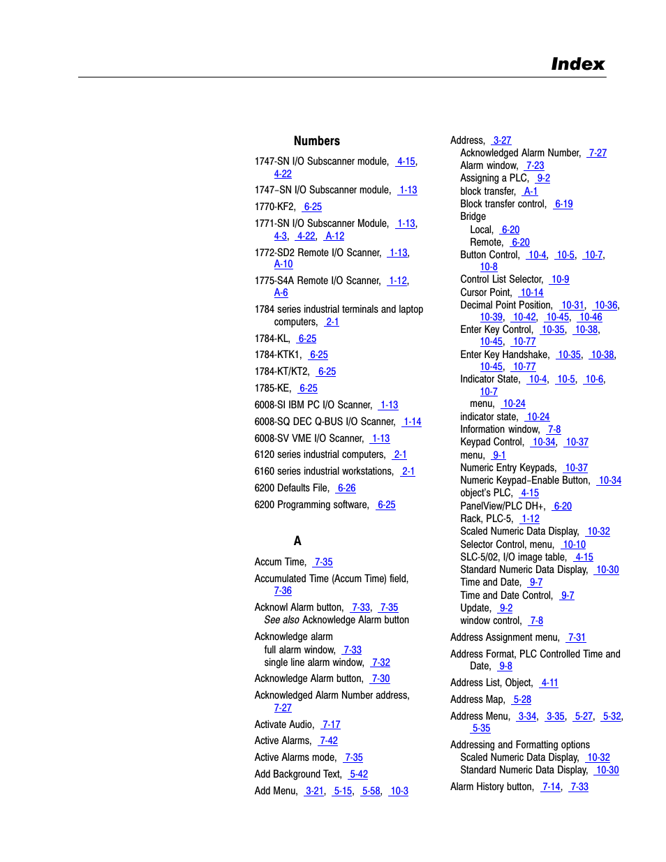 Index | Rockwell Automation 2711 PANELBUILDER SOFTWARE USER MANUAL User Manual | Page 453 / 468