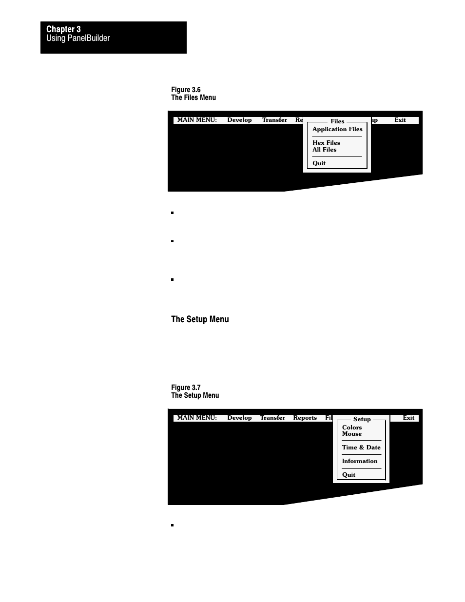 3ć10, Using panelbuilder chapter 3, The setup menu | Rockwell Automation 2711 PANELBUILDER SOFTWARE USER MANUAL User Manual | Page 46 / 468