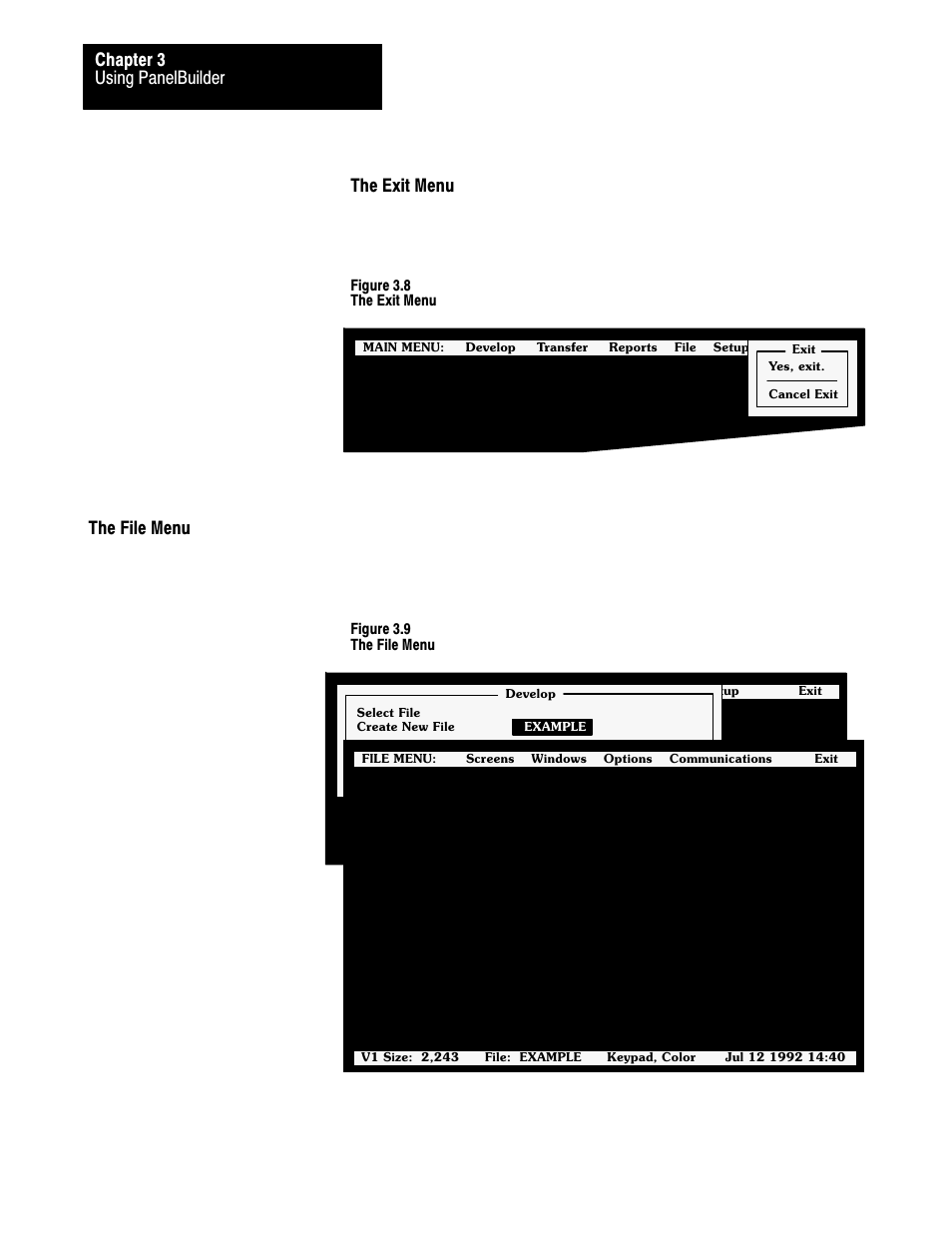 The file menu, 3ć12, Using panelbuilder chapter 3 | The exit menu | Rockwell Automation 2711 PANELBUILDER SOFTWARE USER MANUAL User Manual | Page 48 / 468