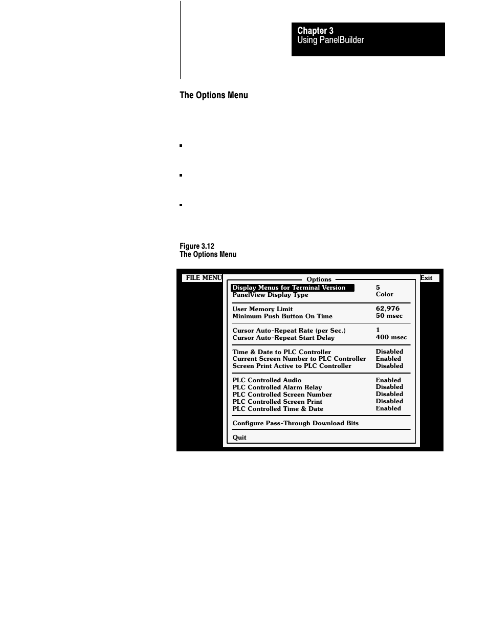 3ć15, Using panelbuilder chapter 3, The options menu | Rockwell Automation 2711 PANELBUILDER SOFTWARE USER MANUAL User Manual | Page 51 / 468