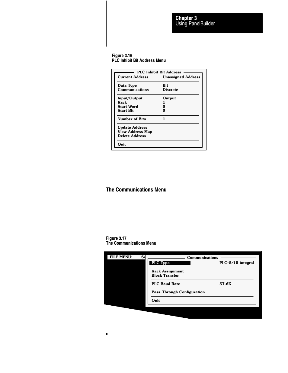 3ć19, Using panelbuilder chapter 3, The communications menu | Rockwell Automation 2711 PANELBUILDER SOFTWARE USER MANUAL User Manual | Page 55 / 468