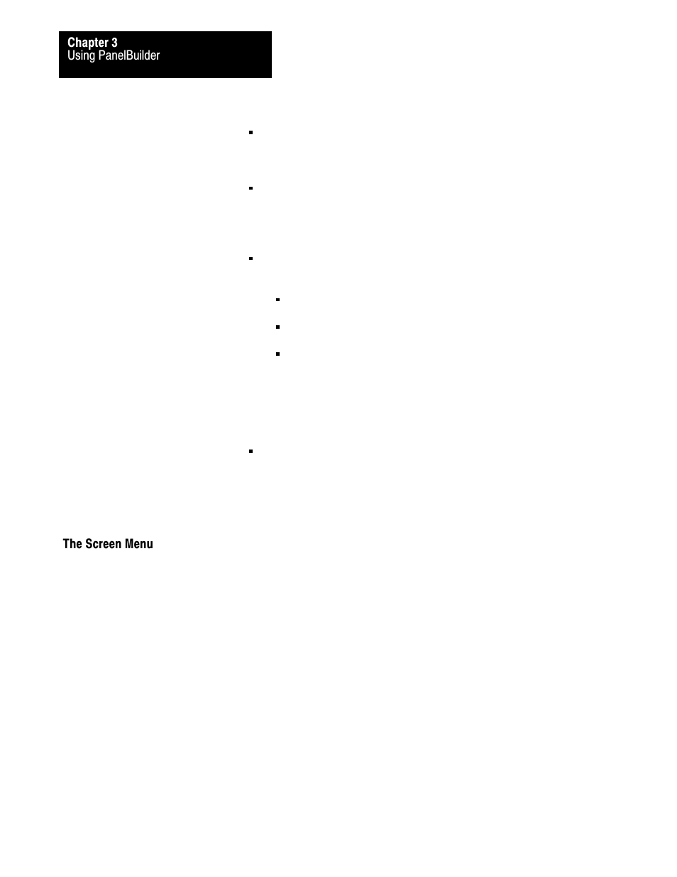 The screen menu, 3ć20 | Rockwell Automation 2711 PANELBUILDER SOFTWARE USER MANUAL User Manual | Page 56 / 468