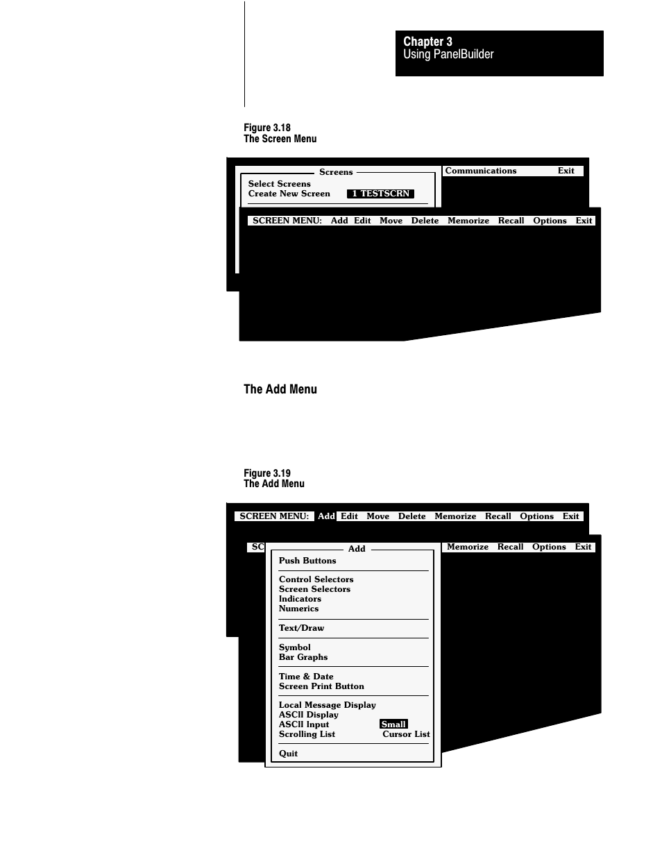 3ć21, Using panelbuilder chapter 3, The add menu | Rockwell Automation 2711 PANELBUILDER SOFTWARE USER MANUAL User Manual | Page 57 / 468