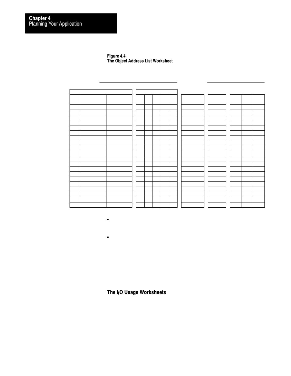 4ć12, Planning your application chapter 4, The i/o usage worksheets | Rockwell Automation 2711 PANELBUILDER SOFTWARE USER MANUAL User Manual | Page 87 / 468