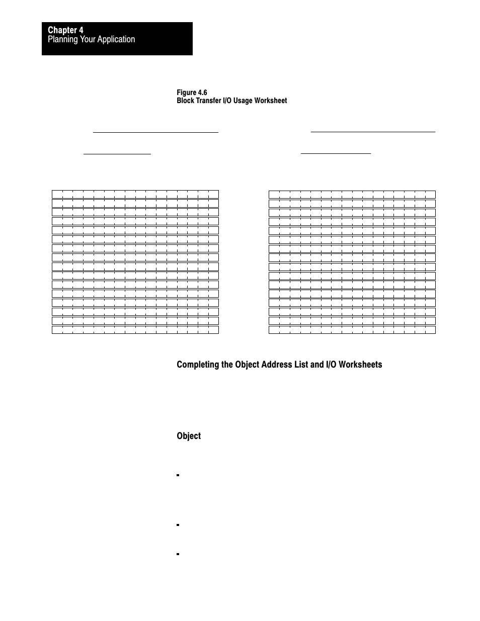 4ć14, Planning your application chapter 4, Object | Block transfer i/o usage worksheet (page 2 of 2) | Rockwell Automation 2711 PANELBUILDER SOFTWARE USER MANUAL User Manual | Page 89 / 468