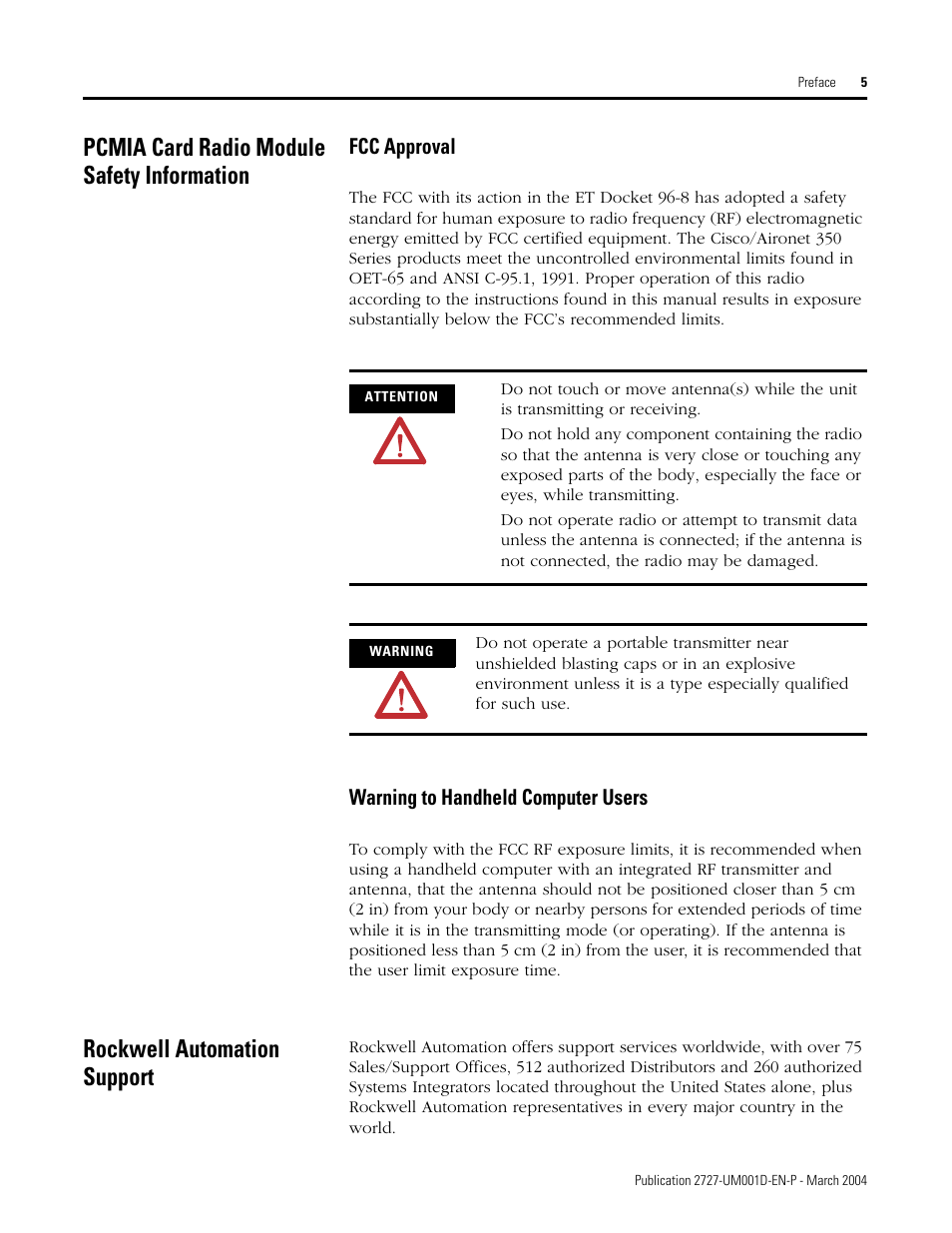 Pcmia card radio module safety information, Rockwell automation support | Rockwell Automation 2727-T7P30D1F MobileView Tablet T750 User Manual User Manual | Page 11 / 104