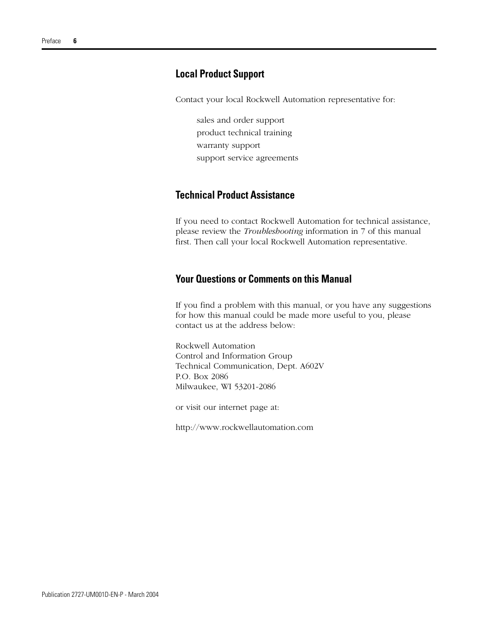 Local product support, Technical product assistance, Your questions or comments on this manual | Rockwell Automation 2727-T7P30D1F MobileView Tablet T750 User Manual User Manual | Page 12 / 104