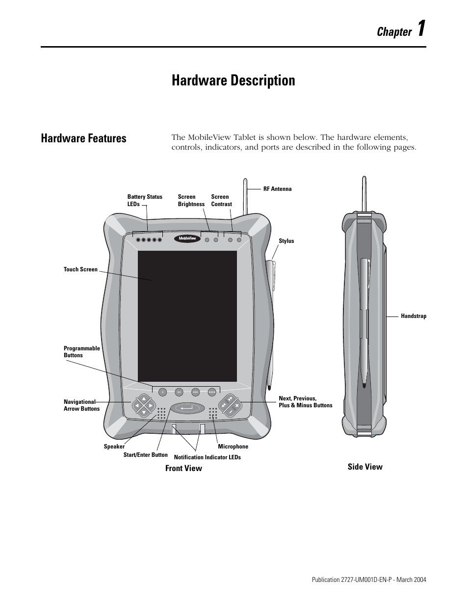 Chapter 1, Hardware description, Hardware features | Hardware features -1, Chapter | Rockwell Automation 2727-T7P30D1F MobileView Tablet T750 User Manual User Manual | Page 13 / 104