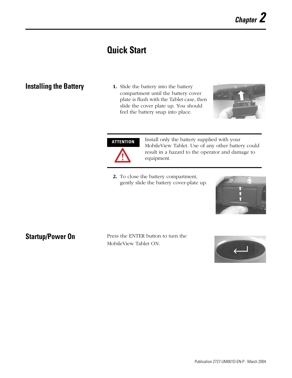 Chapter 2, Quick start, Installing the battery | Startup/power on, Installing the battery -1 startup/power on -1 | Rockwell Automation 2727-T7P30D1F MobileView Tablet T750 User Manual User Manual | Page 17 / 104