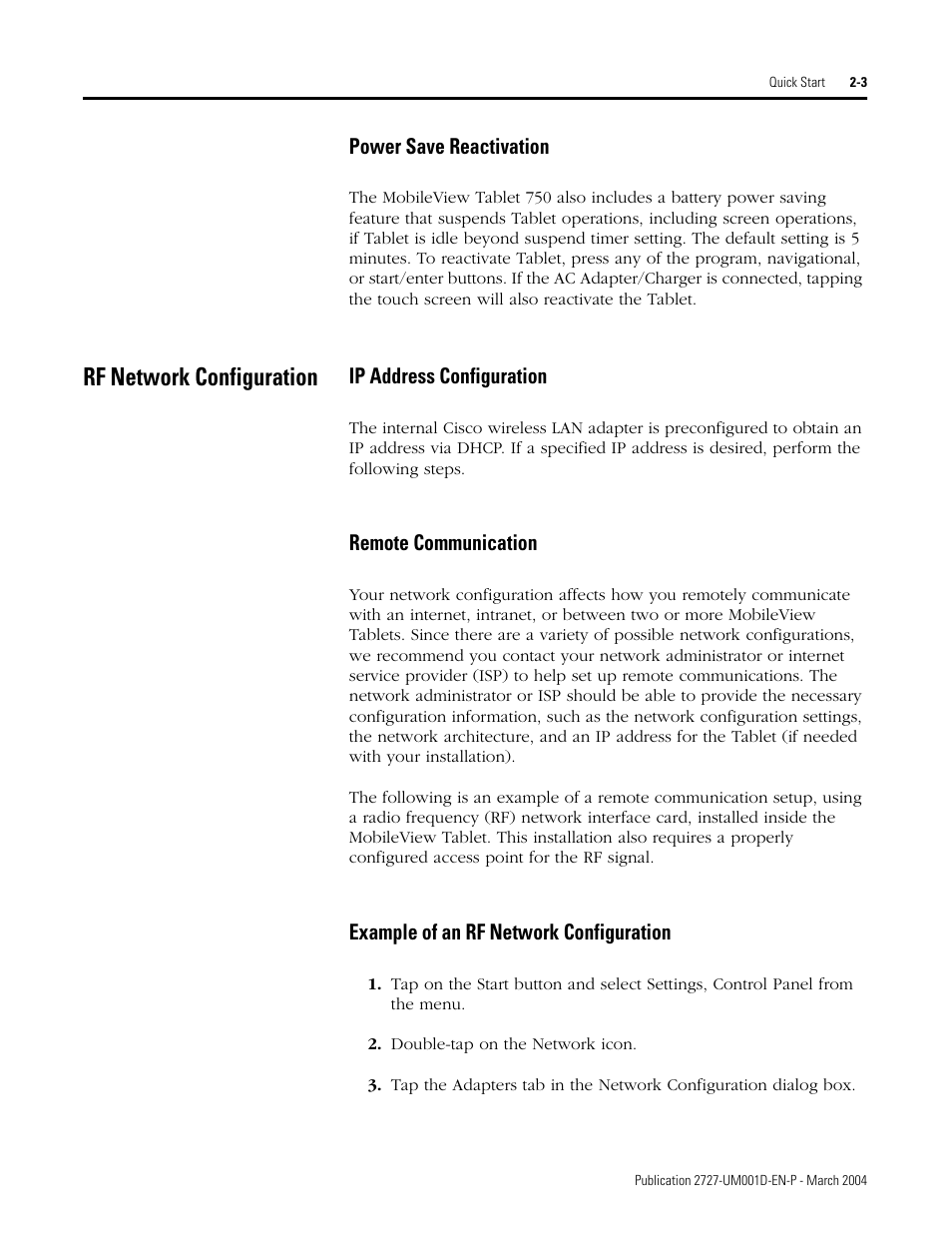 Rf network configuration, Power save reactivation -3, Rf network configuration -3 | Rockwell Automation 2727-T7P30D1F MobileView Tablet T750 User Manual User Manual | Page 19 / 104