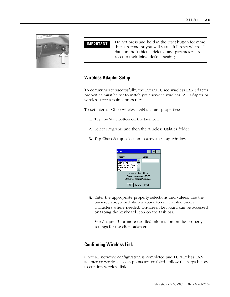 Wireless adapter setup, Confirming wireless link | Rockwell Automation 2727-T7P30D1F MobileView Tablet T750 User Manual User Manual | Page 21 / 104