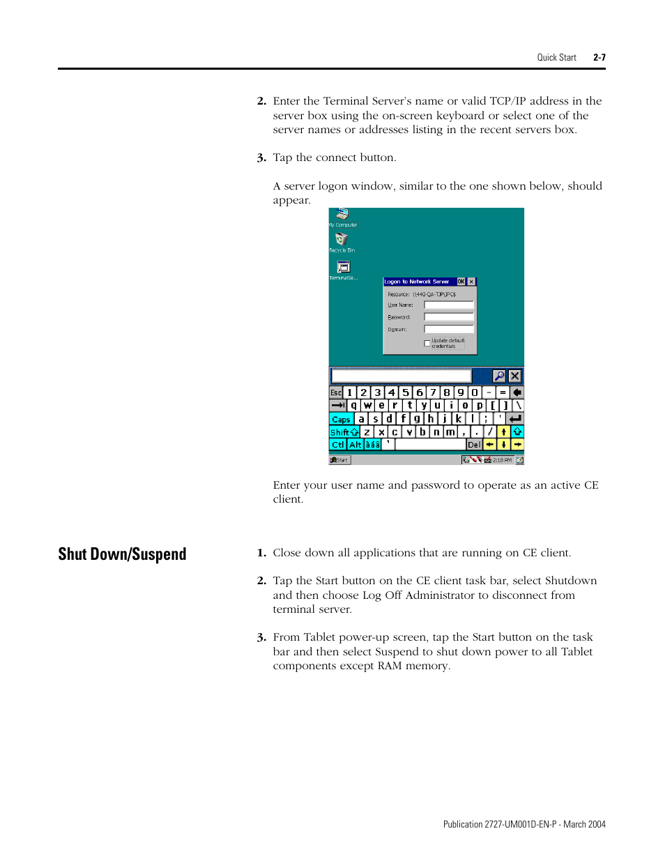 Shut down/suspend, Shut down/suspend -7 | Rockwell Automation 2727-T7P30D1F MobileView Tablet T750 User Manual User Manual | Page 23 / 104