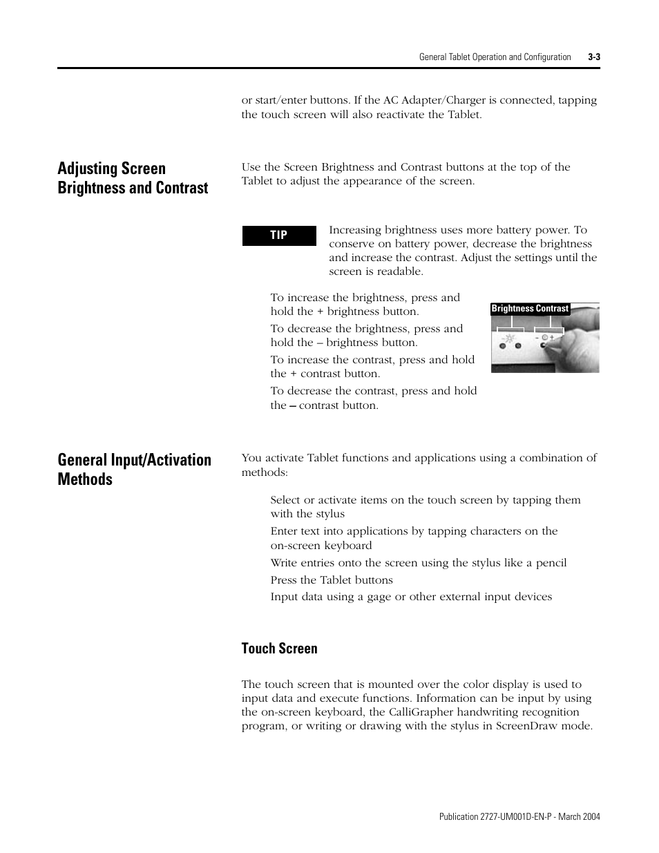 Adjusting screen brightness and contrast, General input/activation methods, Touch screen -3 | 3 fo, E 3-3 for, Touch screen | Rockwell Automation 2727-T7P30D1F MobileView Tablet T750 User Manual User Manual | Page 27 / 104
