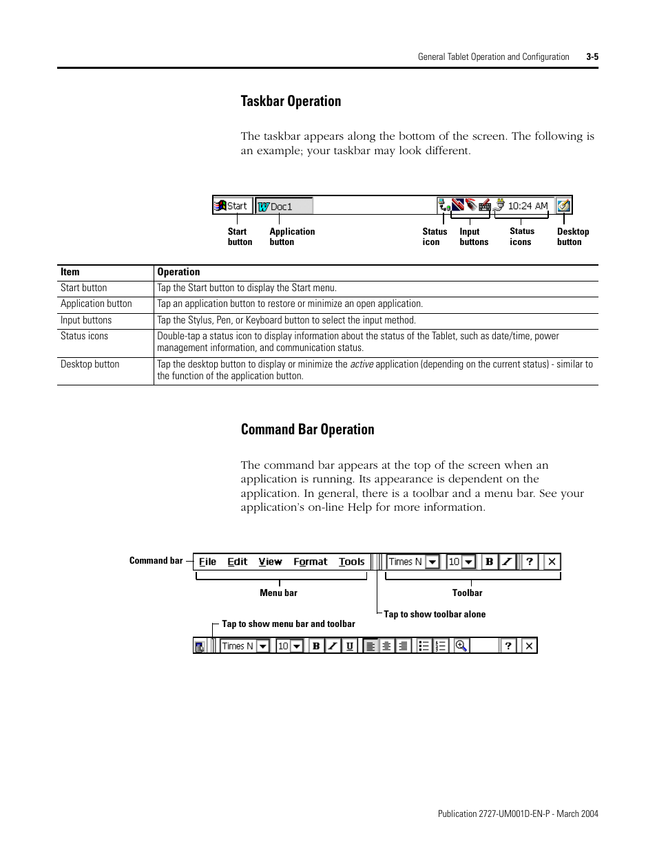 Taskbar operation -5, Command bar operation -5, Taskbar operation | Command bar operation | Rockwell Automation 2727-T7P30D1F MobileView Tablet T750 User Manual User Manual | Page 29 / 104