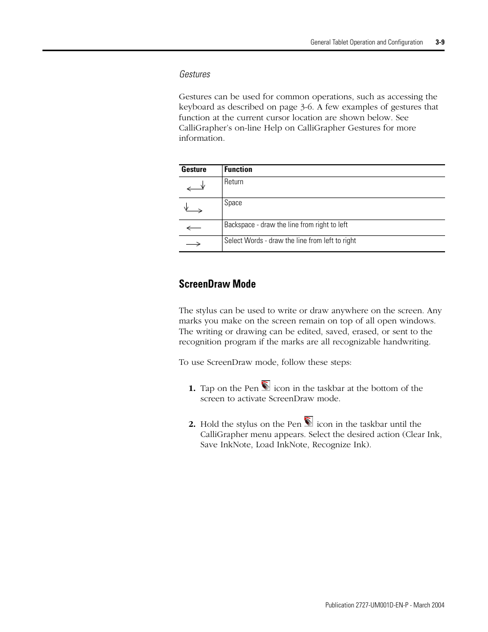 Gestures, Screendraw mode -9, Ee screendraw mode | Screendraw mode | Rockwell Automation 2727-T7P30D1F MobileView Tablet T750 User Manual User Manual | Page 33 / 104