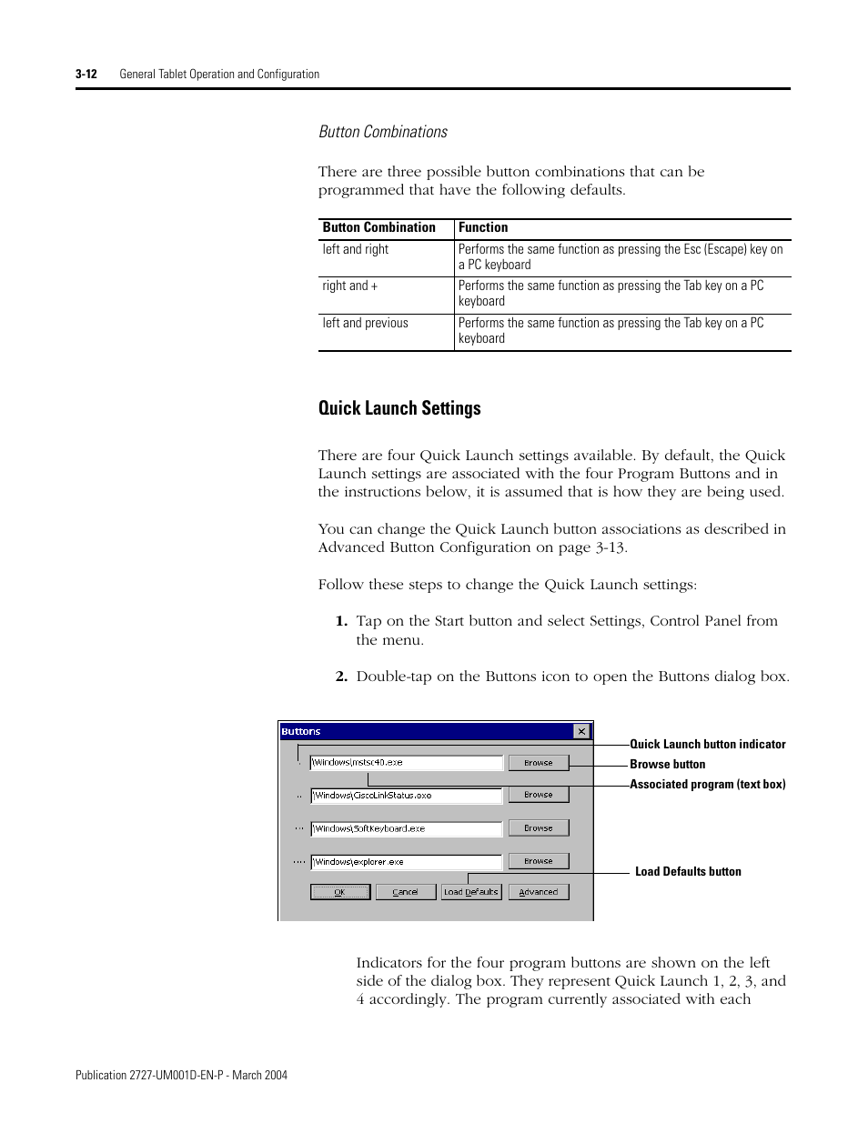 Button combinations, Quick launch settings -12, Quick launch settings | Rockwell Automation 2727-T7P30D1F MobileView Tablet T750 User Manual User Manual | Page 36 / 104