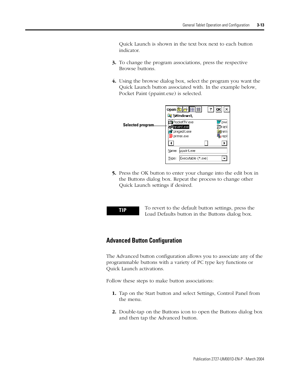 Advanced button configuration -13, E 3-13 for information, Advanced button configuration | Rockwell Automation 2727-T7P30D1F MobileView Tablet T750 User Manual User Manual | Page 37 / 104