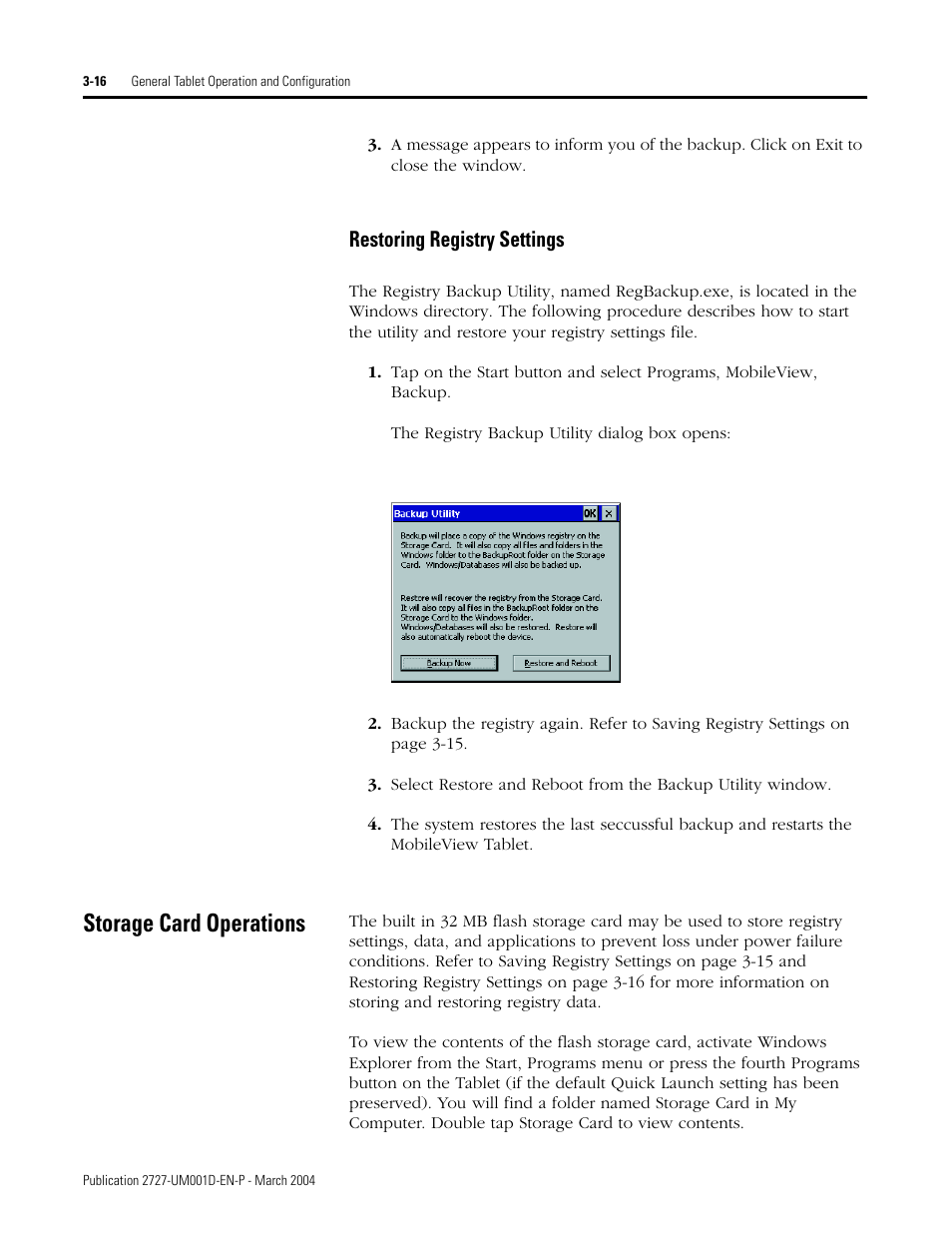 Storage card operations, Restoring registry settings -16, Storage card operations -16 | Restoring registry settings | Rockwell Automation 2727-T7P30D1F MobileView Tablet T750 User Manual User Manual | Page 40 / 104