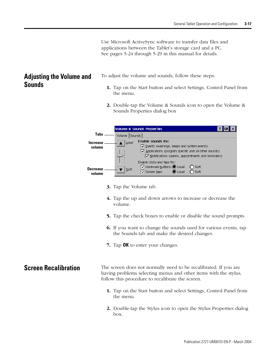 Adjusting the volume and sounds, Screen recalibration | Rockwell Automation 2727-T7P30D1F MobileView Tablet T750 User Manual User Manual | Page 41 / 104
